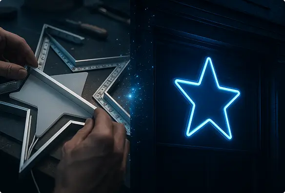 Процесс сборки фигурной RGB-панели в цеху и результат: светящаяся синяя звезда на фасаде магазина. Индивидуальное производство.